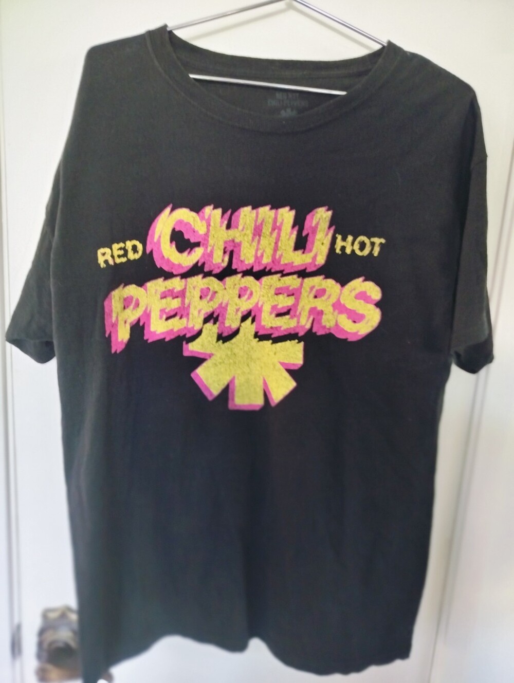 Red Hot Chili Peppers Graphic Band Tee Black Neon Pink Yellow Logo S/M